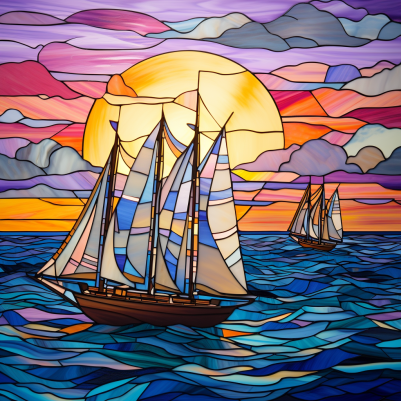 Sailboats At Sunset On Stained Glass