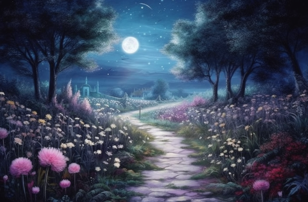 Midnight Stroll Down A Dirt Path In A Flower Garden