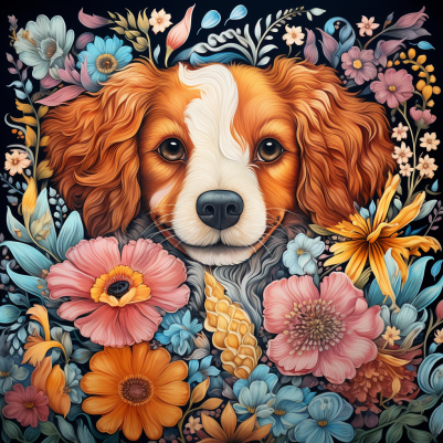 Smiling Puppy Among Flowers