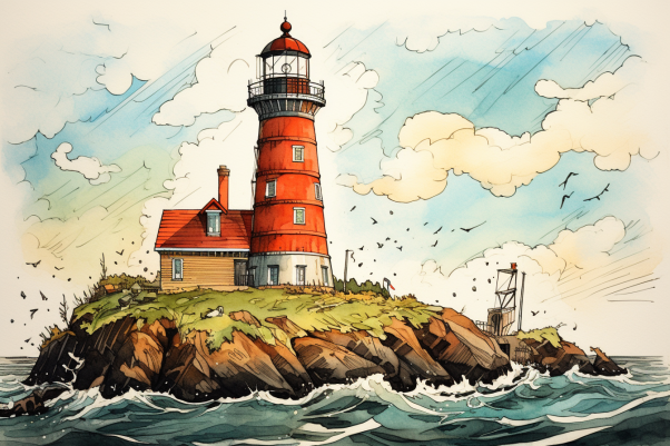 Lighthouse on seashore outline color illustration. Ocean skyline and birds  in sky vector drawing. Marine navigational system. Old building at bay  Stock Vector | Adobe Stock