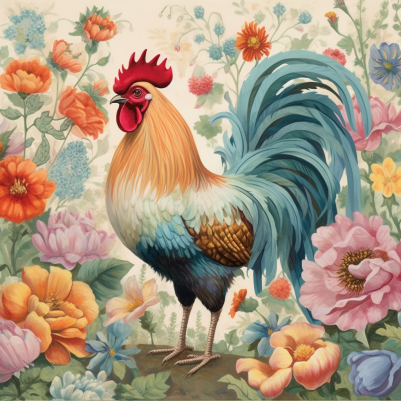 Rooster In The Flowers