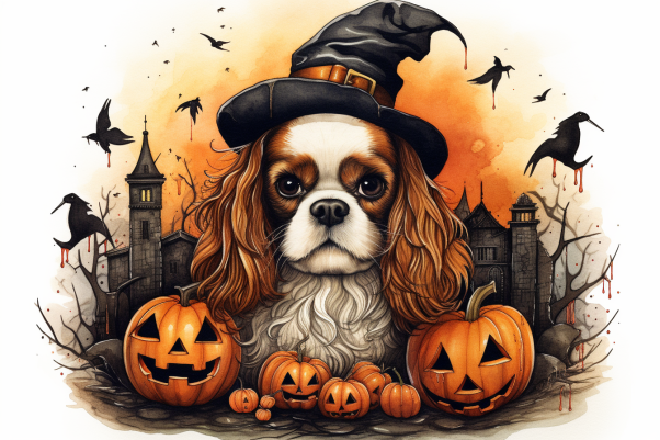 Halloween King Charles Spaniel In Witch Hat