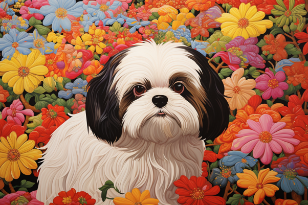 Colorful Flowers And Shih Tzu