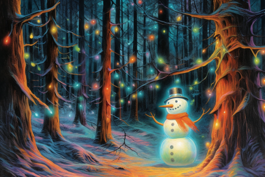 Happy Glowing Snowman In Magical Forest