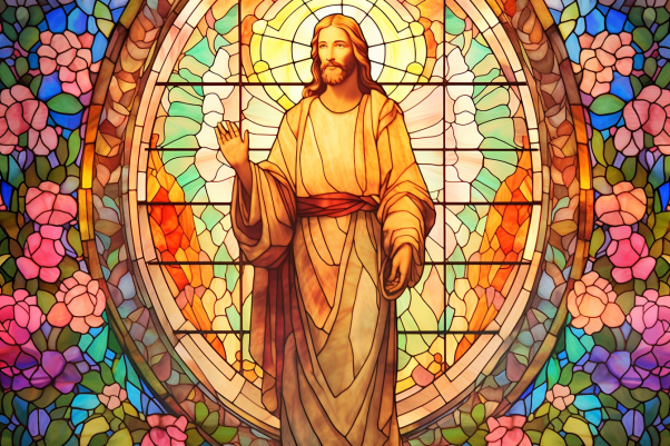 Graceful Jesus Among Stained Glass Flowers