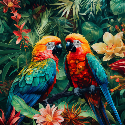 Two Brightly Tropical Birds On A Branch
