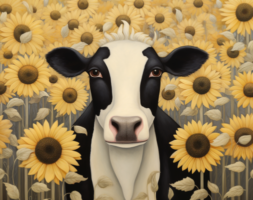 Pretty Cow Blending In With Sunflowers