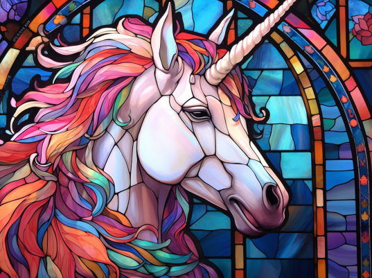 Unicorn With Colorful Mane On Stained Glass