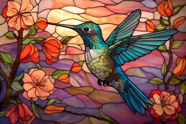 Pretty Hummingbird And Flowers On Stained Glass