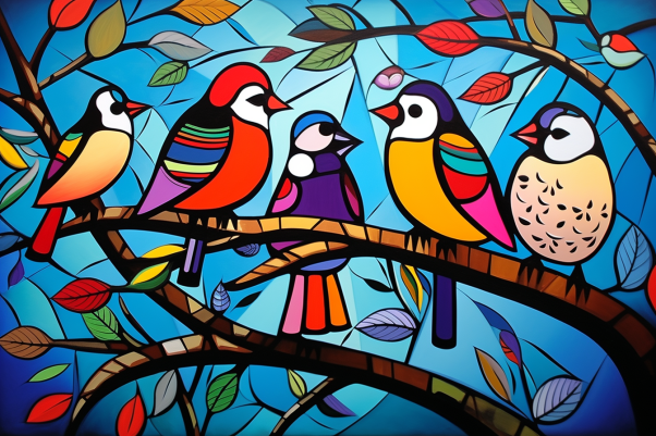 Colorful Playful Fun Birds On A Branch
