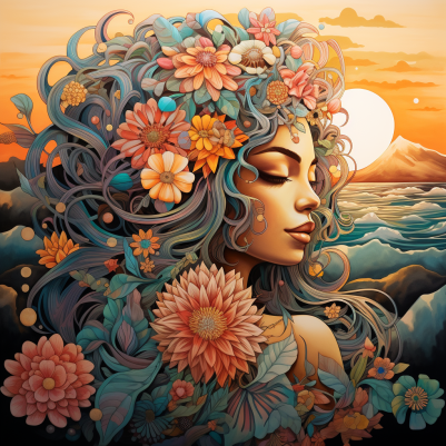 Girl Among Flowers At Sunset