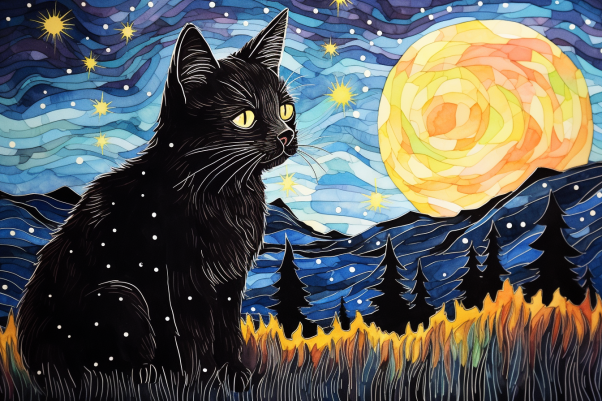 Sad Black Kitty And Full Moon  Paint by Numbers Kit