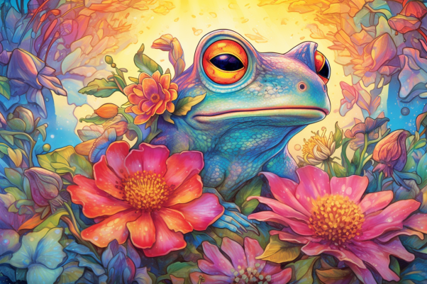Blue Frog And Flowers