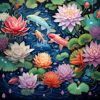 Fish In Pond Of Many Water Lilies