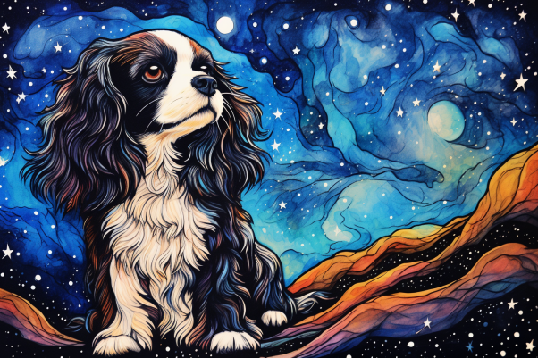 Watercolor Starry Night King Charles Spaniel