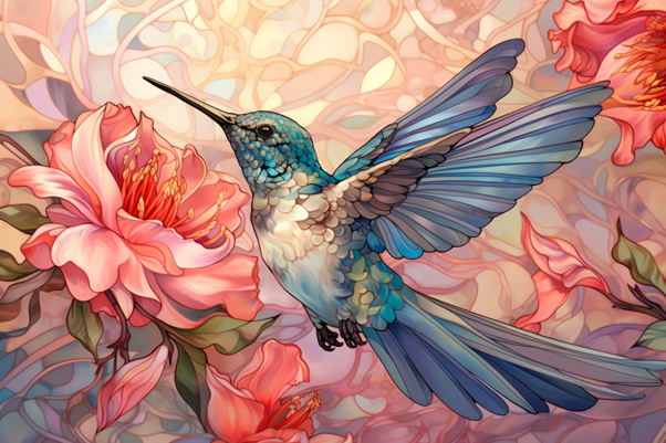 Pink Flowers Sweet Blue Hummingbird
