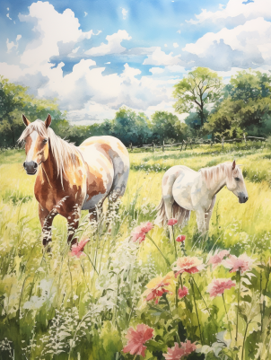 Watercolor Meadow And Horses