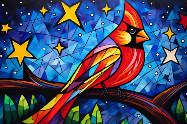 Cardinal Starry Night On Stained Glass