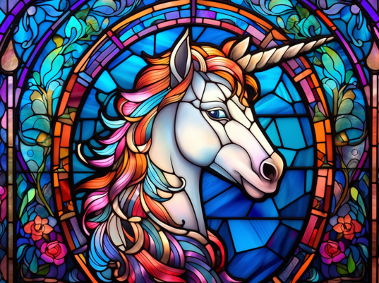 Unicorn On Stained Glass With Flowers