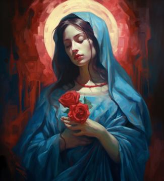 The Virgin Mary With Roses And Golden Glow
