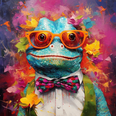 Lizard Art, Blue Lizard In Orange Glasses And A Smile