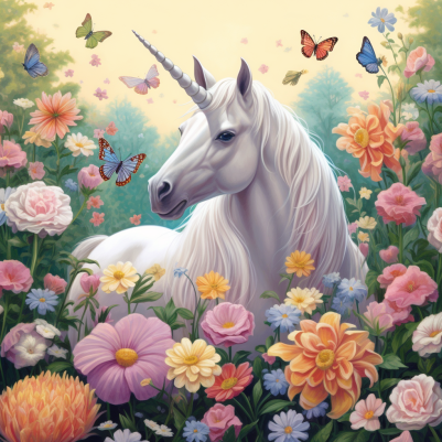 Pure White Unicorn In Beautiful Flowers