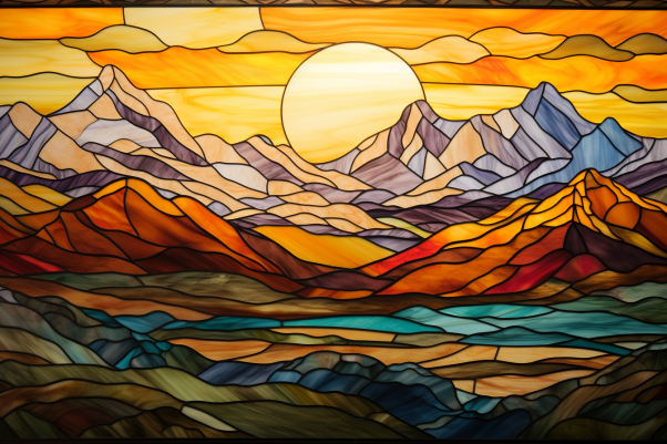 Golden Sunset Over Mountain Range On Stained Glass