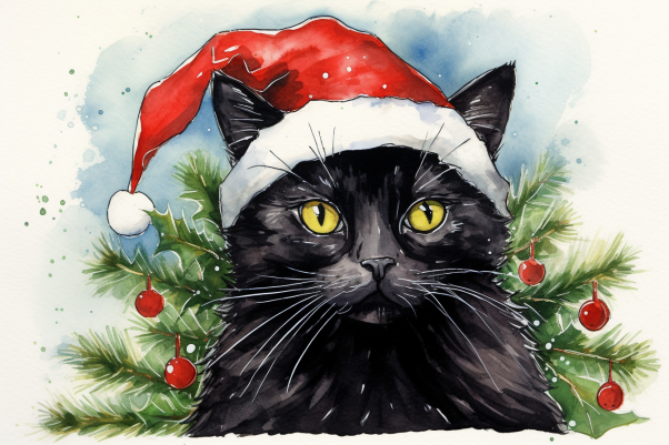 Christmas Black Cat In Santa Hat