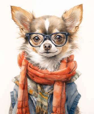 Fluffy Stylish Chihuahua With Glasses, Scarf And Denim