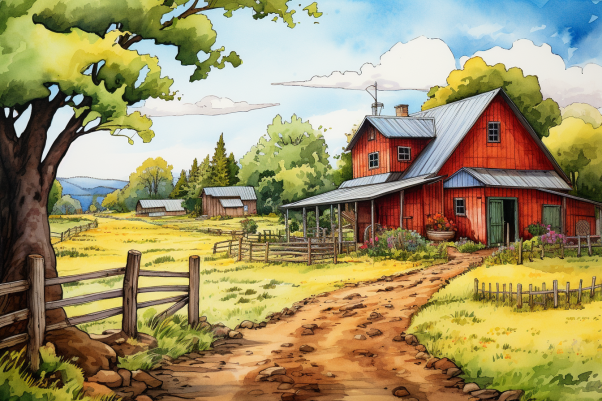 Watercolor Red Barn