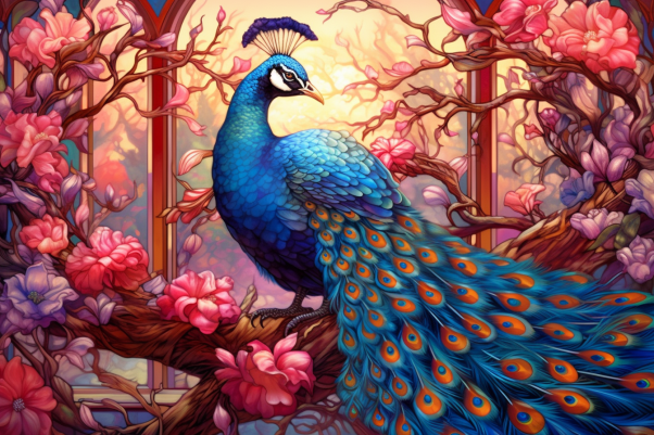 Graceful Peacock Among Flowers
