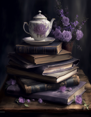 Purple Roses, Teapot And Books