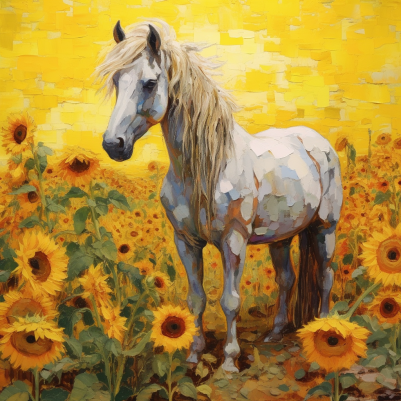 Golden Sky, White Pony And Sunflowers