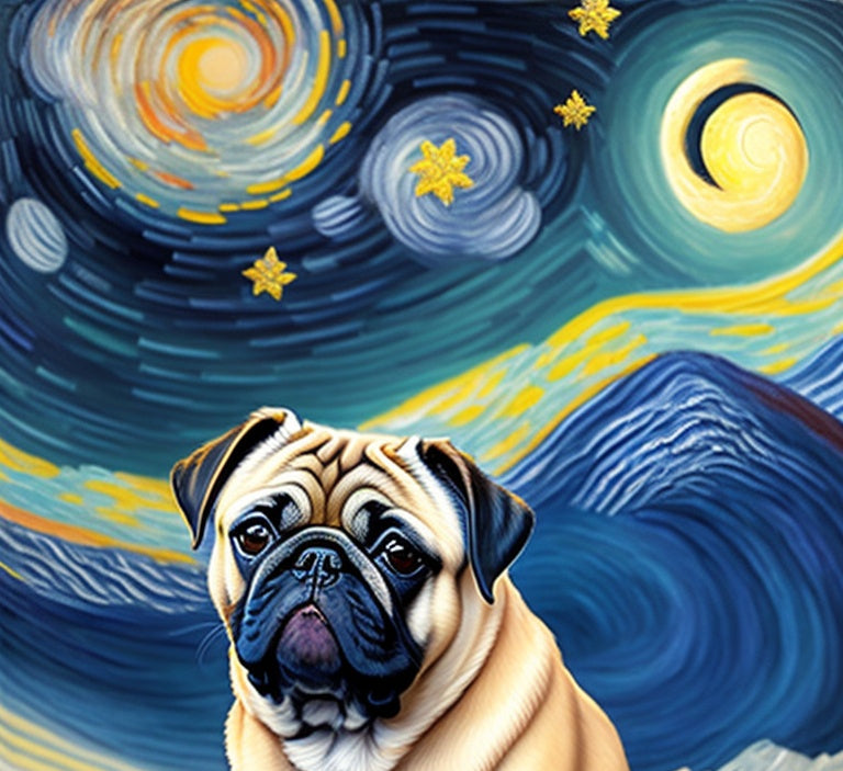 Posing Pug On A Starry Night, Gold Stars