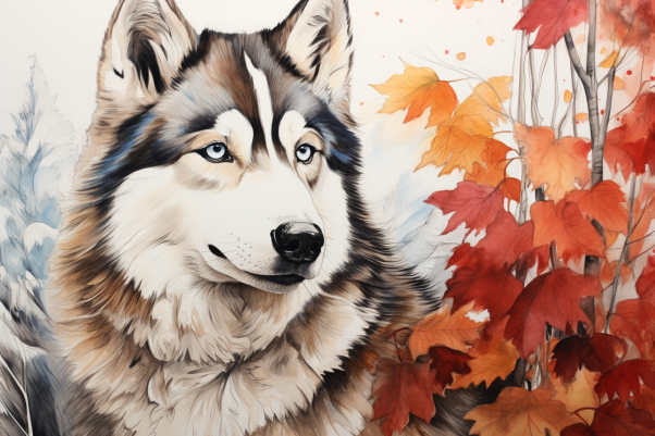 Beautiful Siberian Husky In Leaves