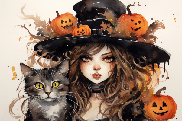 Halloween Witch And Her Cat And Jack O Lanterns