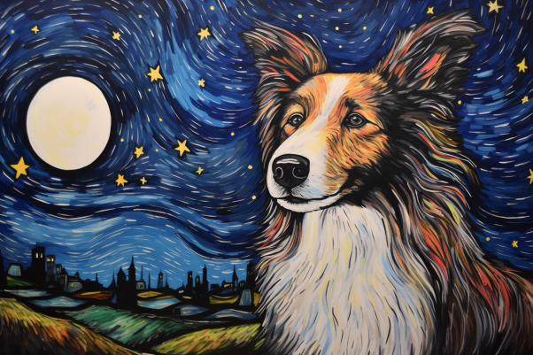 Watercolor Starry Night Full Moon Collie