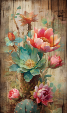Colorful Cacti Bloom Painting On Wood