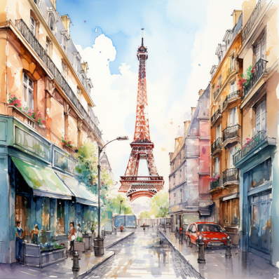 Watercolor Street View Of Eiffel Tower  Paint by Numbers Kit