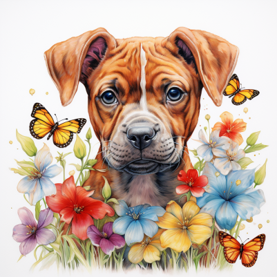 Puppy Butterflies And Flowers