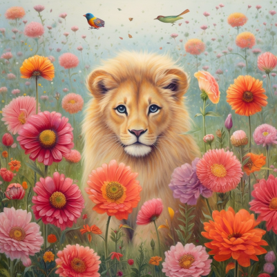 Lion In A Colorful Flower Garden