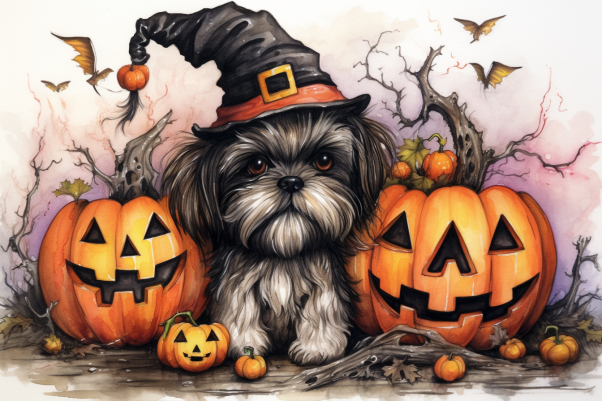 Halloween Shih Tsu With Pumpkins