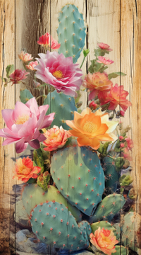 Thumbnail for Colorful Cacti And Blooms On Wood