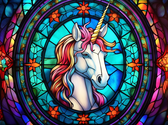 White Unicorn On Blue Stained Glass