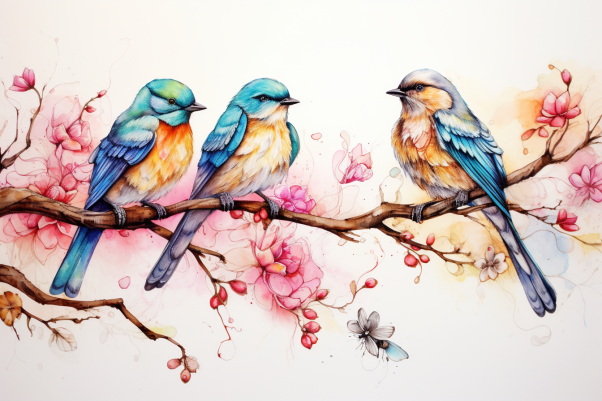 Watercolor Birds On A Cherry Blossom Branch  Paint by Numbers Kit