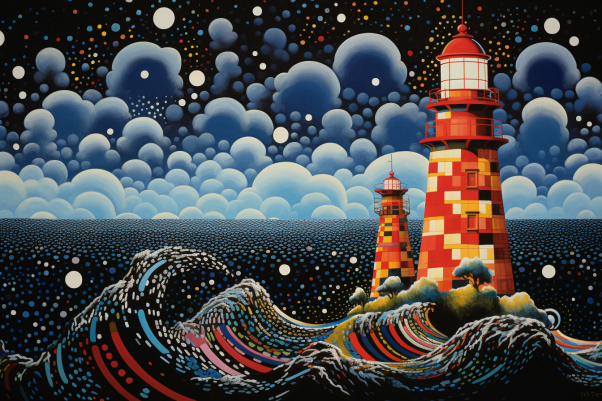 Colorful Ocean Waves And Lighthouse