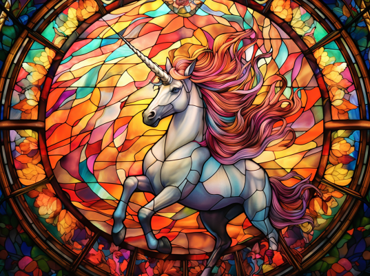 Unicorn On Orange Stained Glass
