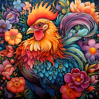 Rad Rooster Among Flowers