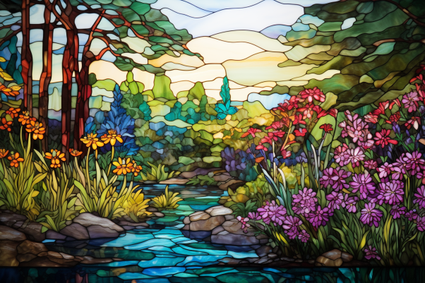 Flowers And Stream On Stained Glass