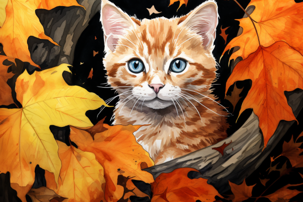 Cat In Leaves